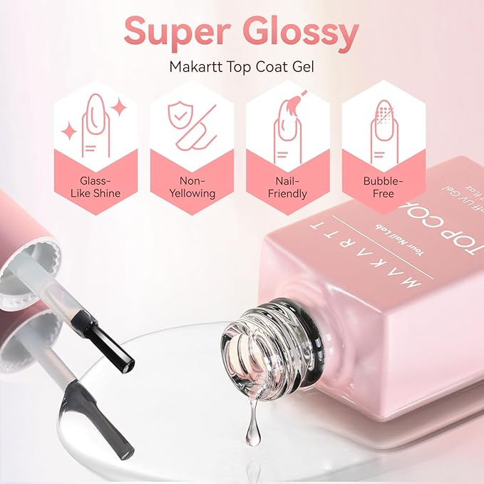 Makartt Gel Top Coat - 2PCS No Wipe Top Coat Gel Nail Polish, Long-Lasting Glossy Finish, Clear Nail Polish, Non-Yellowing, Pink Bottle, Soak Off with UV/LED Lamp, DIY Manicure Gift for Women