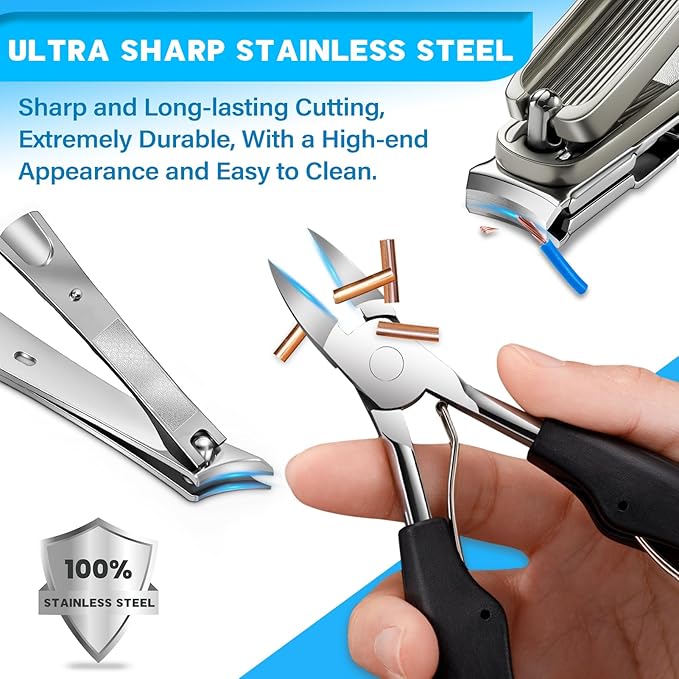 8-in-1 Heavy Duty Toenail & Fingernail Clippers for Seniors Men with Thick & Ingrown Nails - Manicure Pedicure Kit with 360° Swivel Head - Professional Wide Jaw Podiatrist Tools