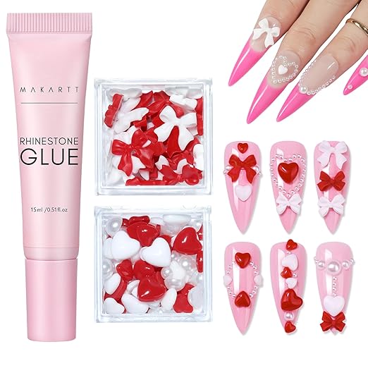 Makartt Nail Charm and Rhinestone Glue Kit, 15ml Gel with Preals Rhinestones Gems 3D Art Bowknot Heart Decor Acrylic Supply for Nails Techs DIY