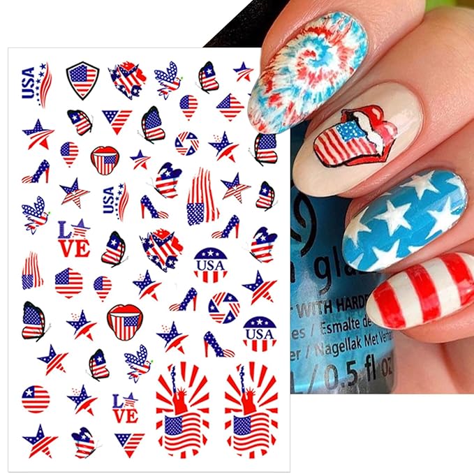 8 Sheets 4th of July Nail Stickers, Independence Day Patriotic Nail Decals, 3D Design Self-Adhesive Memorial Day USA Flag Star Nail Art