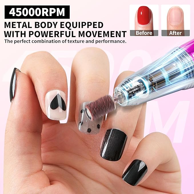 Professional Electric Nail Drill Kits 45000RPM Gradient Gold Portable Cordless 3-in-1 Nail File Machine with Rechargeable Stand and Nail Lamp for Acrylic Gel Polish Removing Home & Salon Use