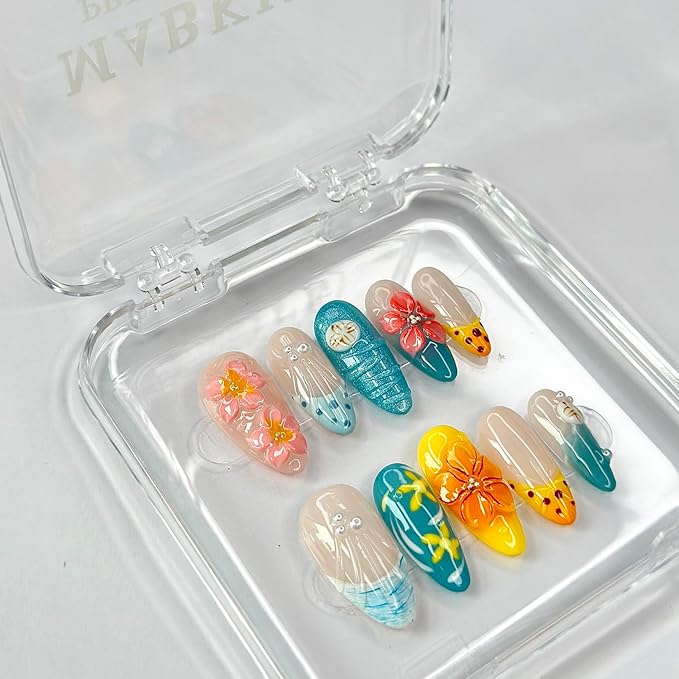 Luxury Press on Nails Medium Almond French Tip Handmade 3D Unique Reusable ABS Material Fake Nails Beach False Nails with Designs Summer Floral Art Petal Glossy Glue on Nails Thick Acrylic Nails(S)
