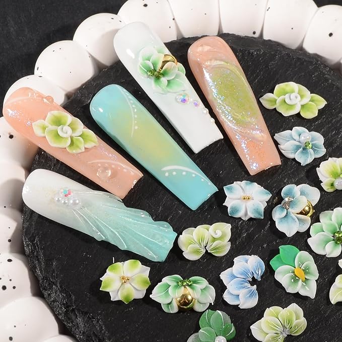 30PCS 3D Handmade Flower Nail Art Charms Advanced Handcrafted Cherry Blossom Flower Colorful Sculpted Floral Nails with Rhinestone Caviar Beads Design for Women Profession Nail Art Craft Jewelry