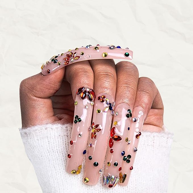 LOVFUL Press on Nails Treasure | Handmade Acrylic Press ons | Reusable Fake False Nails | Curved Long 2.2in | H155-L