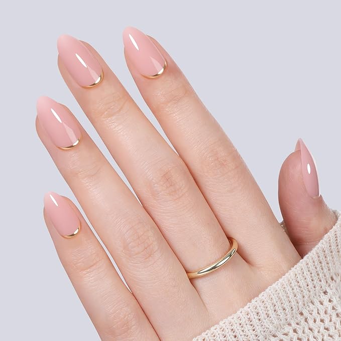 UNA GELLA 32Pcs Soft Gel Press on Nails - 16 Sizes Gold Rim Nude Pink Almond Glue on Nails, Reusable Elegant French False Nails, Full Cover Acrylic Nail Kit for Women DIY Home Manicure