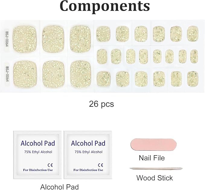 26 Pcs Semi Cured Gel Toe Nail Strips Gold Glitter Gel Nail Stickers Full Cover Glitter Nails Wraps Self Adhesive Toe Nails Polish Strips Stickers for Women UV/LED Light Required