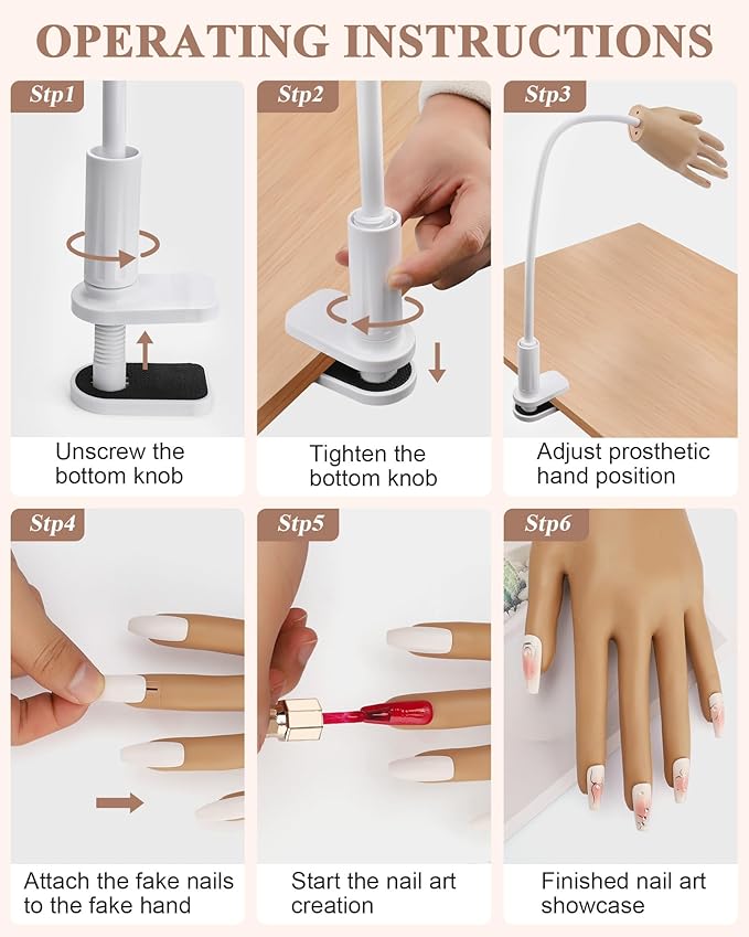 Practice Hand for Acrylic Nails, Silicone Hand for Nail Practice, Nail Tips Won't Fall off Nail Hand, Flexible Nail Practice Hand for Beginners, With 200PCS Nail Tips