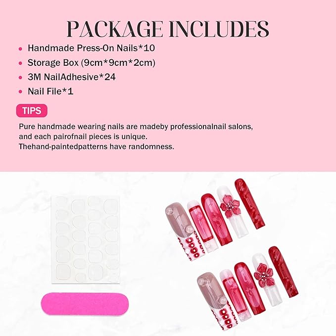 10Pcs Extra Long Square Handmade Press On Nails - Red Ombre French Tip Luxury Full Cover Acrylic Fake Nails with 3D Flower Designs for Women (Size M)