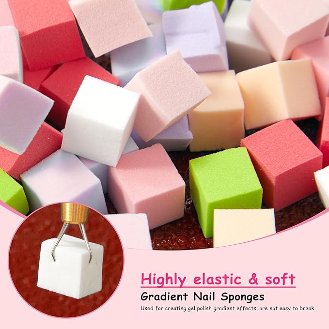 300-Piece Colorful Cube Nail Sponges for Ombre, 1 Gold Metal Clip Pens for Grabbing Nail Art Sponge, 1 Ombre Nail Brush for Nail Art
