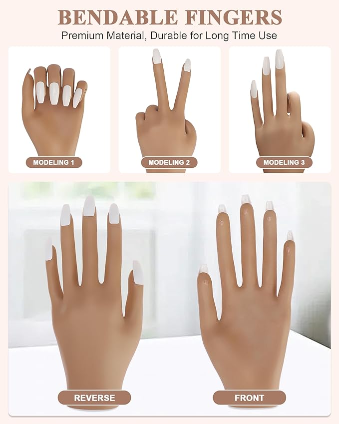 Practice Hand for Acrylic Nails, Silicone Hand for Nail Practice, Nail Tips Won't Fall off Nail Hand, Flexible Nail Practice Hand for Beginners, With 200PCS Nail Tips
