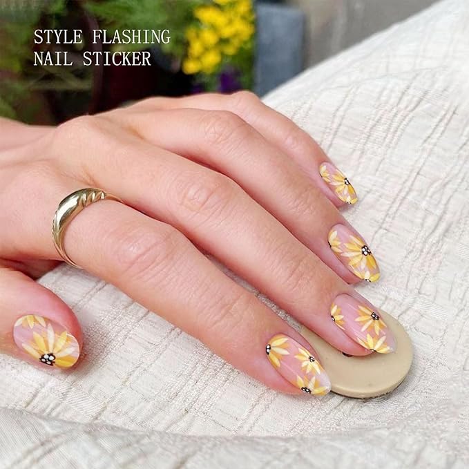 JMEOWIO Gel Nail Stickers Sunflower Daisy Flower Semi Cured Gel Nail Strips Wraps UV/LED Supplies Nails Art Design Decoration Accessories