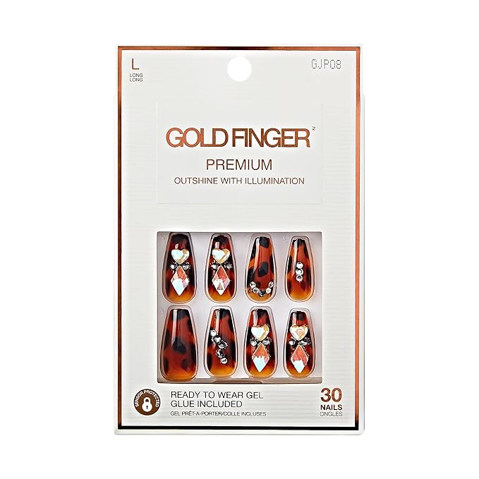 GoldFinger Premium Luxury False Nails Kit, Ready to Wear Leopard Nails, Manicure Stick and Glue Included, Long Coffin Shape with 3D Rhinestones, Long-Lasting Hottest Trend Glue on Nails