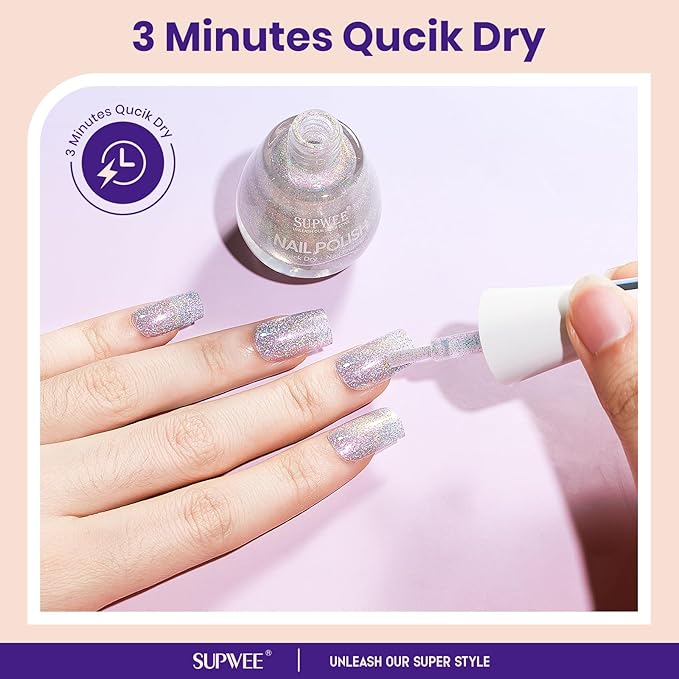 Glitter Holographic Nail Polish Quick Dry High Glossy Shiny Shimmer Nail Polish Oil-based Holo Fingernail and Toenail Air Dry Fast Beauty Art Manicure Gift For Women Girls 16ml, 0.54fl oz