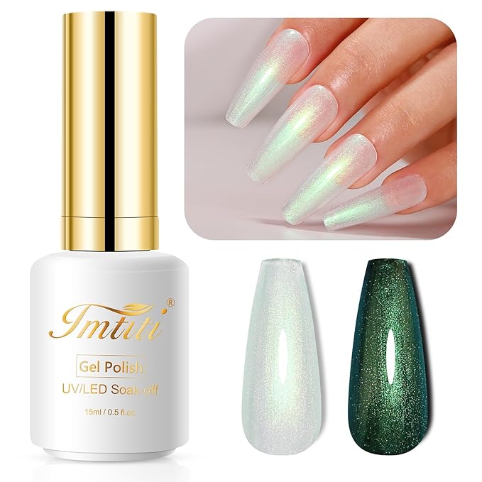 Imtiti Pearl Gel Nail Polish, 0.5 Fl Oz Green Transparent Shell Shimmer Nail Gel Polish Mermaid Nail Drawing Gel Polish Iridescent Pearlescent Spring Summer Nail Polish Soak Off Led UV