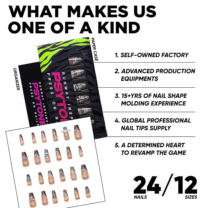 PSYTONE Rhinestones Press on Nails French Coffin Long Bling Fake Nails Nude Acrylic False Nails Full Cover Nails Square Nude Fake Nails Gradient Acrylic Full Cover False Nails for Girls