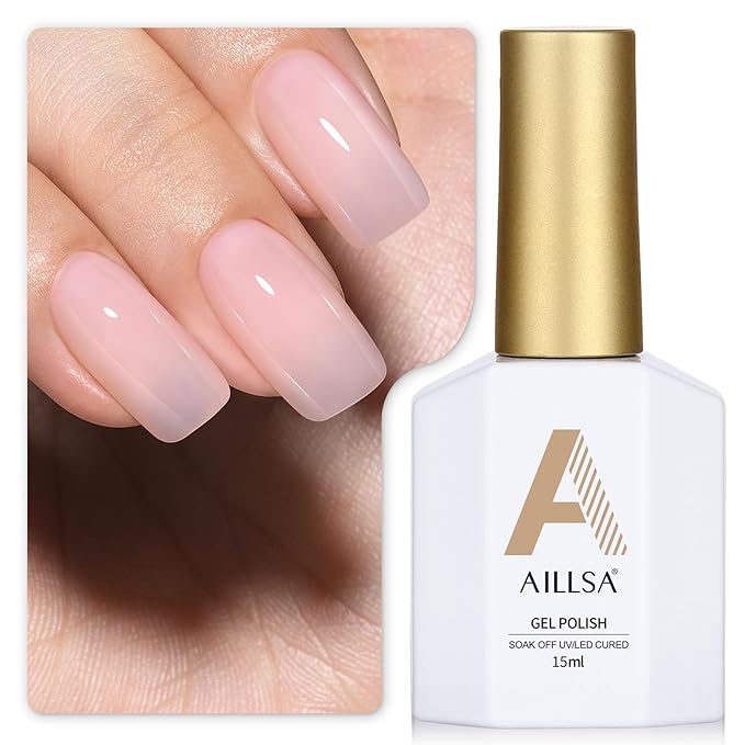 AILLSA Milky Pink Gel Nail Polish Natural Nude Jelly Gel Polish Light Color Translucent Nude Polish Sheer Pink Neutral Nails Soak Off U V Gel for French Manicure Nail Salon at Home 0.51 Fl Oz/GB90
