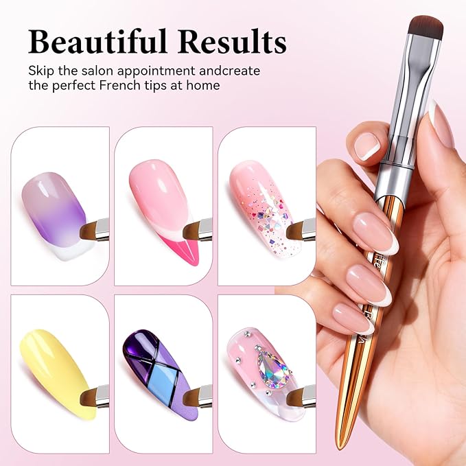 French Brush for Nails & Gel Polish Clean Up, Dual-Use Metal Handle Nail Art Brush with Cap for French Tips, Acrylic, Polygel | Professional Manicure Tool (Gold)