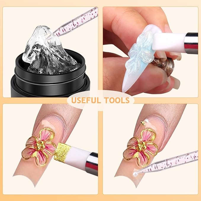 3D Sculpting Gel for Nail Art, Clear & White Solid Builder Kit, Non-Sticky Hard Gel for Hand Molding with Silicone Carving Pen and Nail Decorations, DIY Manicure Salon Supplies