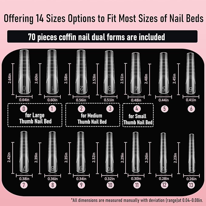 Extra Long Dual Forms Coffin (Sculpted) XXL 4XL, Reusable Full Cover Poly Gel Acrylic Builder Solid Hard Gel Extension Nail Molds 14 Sizes 70 Pcs, Set for Salon & DIY