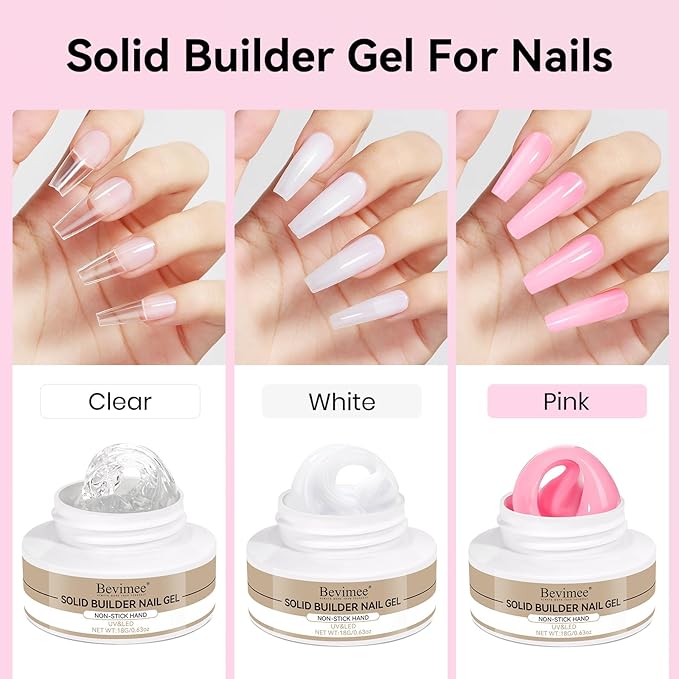 3D Nail Art Solid Builder Gel for Nails 3PCS, Clear White Pink 3D Sculpting Hard Gel Non-Stick Hand, for Modeling, Sculpture, Nail Extension UV/Led Manicure DIY at Home 18g*3Colors
