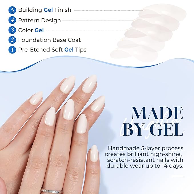 UNA GELLA White Press On Nails: Short Almond Soft Gel Press Ons Short Kit with Nail Glue on Nails, 16 Sizes - 32 Reusable Fake Nails Kit, Sheer Nude