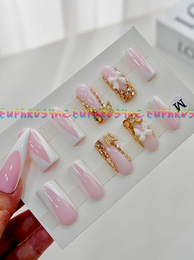 Euphrosyne Ombre Press On Nails – 10pcs Long Coffin Fake Nails in Pink and White with 3D Bow, Butterfly Charms & Rhinestones | Elegant Stick-On Nails for Wedding, Party or Daily Glam Look