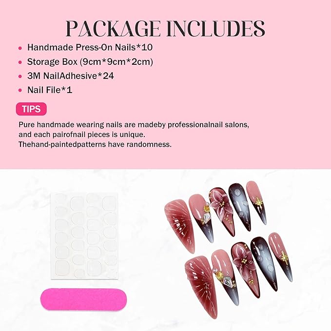 Handmade Press on Nails Long Almond Fake Nails Luxury 3D Flower Art Designs Salon Quality Acrylic Nails Ombre French Tip Sparkly Stick on Nail for Women Manicure 10Pcs (Size M)