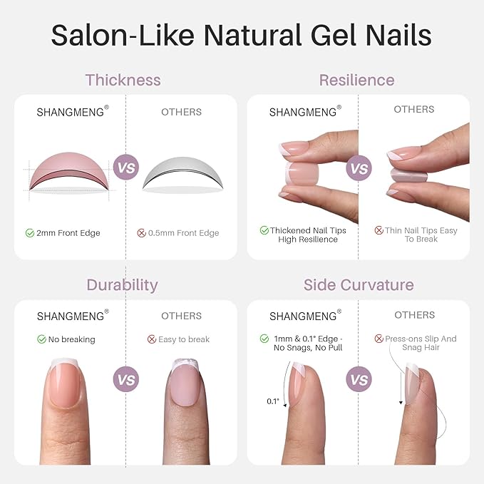 Nude Chrome Press on Nails Square - SHANGMENG Soft Gel Short Press on Nails for Women Gift, Fit Perfectly & Natural Glue on Nails in16 Sizes - 32 Reusable Fake Nails with Glue, Aurora Nude
