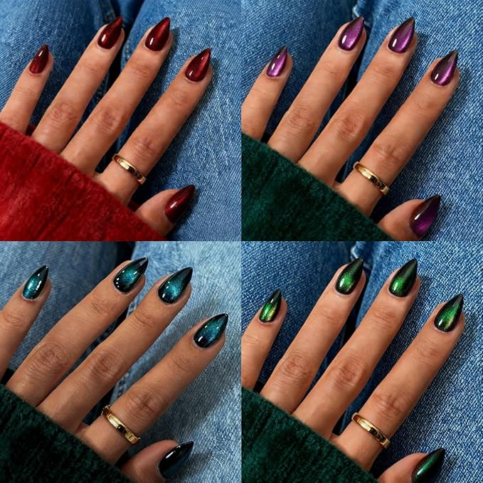 KQueenest 4 Packs Gel Press On Nails Short Almond, Cat Eye Press On Nails Short Stiletto, Dark Chrome Fake Nails Press Ons, Shiny Glitter Black Glue on Nails for Women Decoration, 96 Pcs Gift Kit