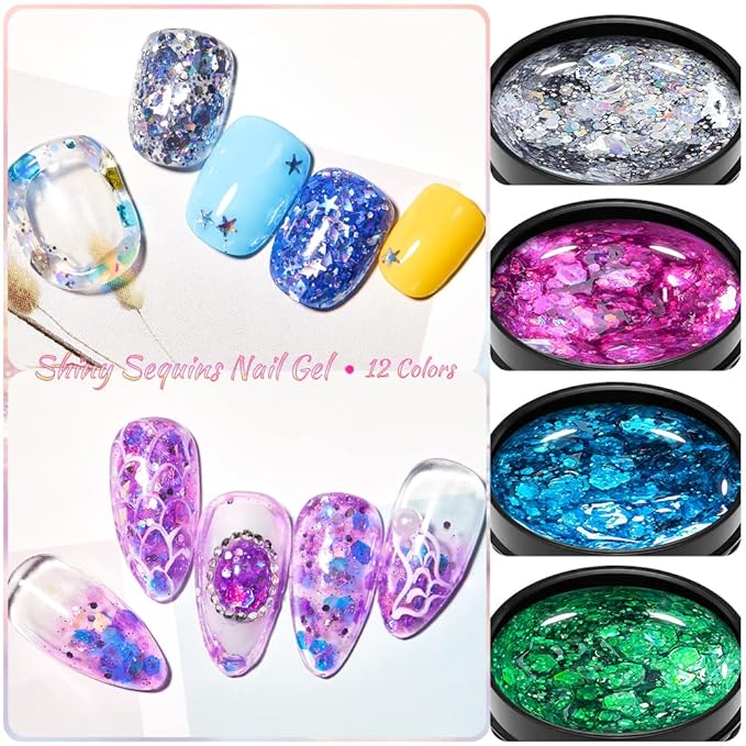 MEET ACROSS 12 Colors Glitter Gel Nail Polish Set Big Sequins Gel Polish Kit with 1Pc Nail Brush, Sparkly Shiny Gel Nail Polish for Home DIY Manicure Nail Salon