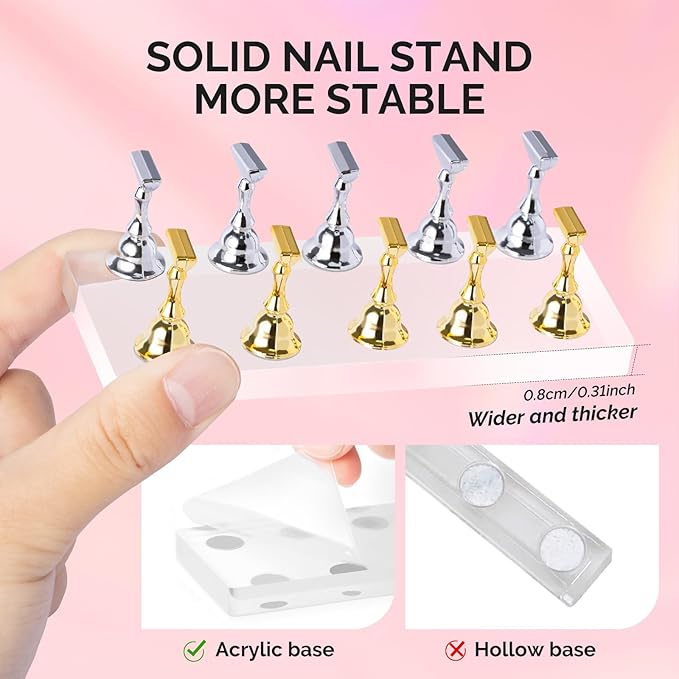 MelodySusie Nail Stand for Press Ons, Big Transparent Acrylic Magnetic Base for Practice Painting Display with Brush Holder and 100 Pcs Reusable Double-Sided Tape for Home DIY Salon Supplies