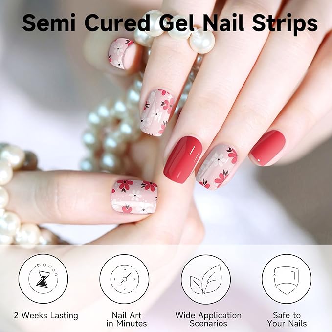Semi Cured Gel Nail Strips (Red), 28 pcs Gel Nail Stickers, Work with Any UV Lights, Long-Lasting NailWraps for Women DIY Gift, Salon-Quality, Easy to Apply & Remove