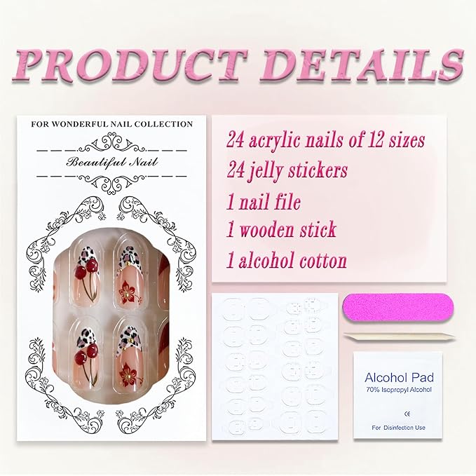 Red Flower Press on Nails Medium Almond MABKJLF Fake Nails 3D Red False Nails with Cherry Leopard Print Hibiscus Designs Fall Glossy Glue on Nail Acrylic Nails for Women Girls 24Pcs