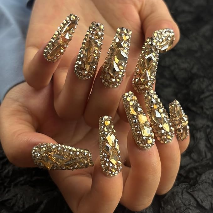Trendy Handmade Press On Nails Long Square Shape,10Pcs Shimmery Large Acrylic Fake Nails with 3D Champagne Rhinestone Luxury Design Stick On Nail for Woman Gift