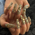 Trendy Handmade Press On Nails Long Square Shape,10Pcs Shimmery Acrylic Fake Nails with 3D Champagne Rhinestone Luxury Design Stick On Nail for Woman Gift