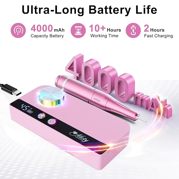 Nail Drill Professional 45000RPM Electric Nail File Kit, Upgraded Rechargeable Cordless Efile Set, Portable Acrylic Gel Nail Polish Remover Machine,Manicure Tool with 11 Gold Bits for Home/Salon