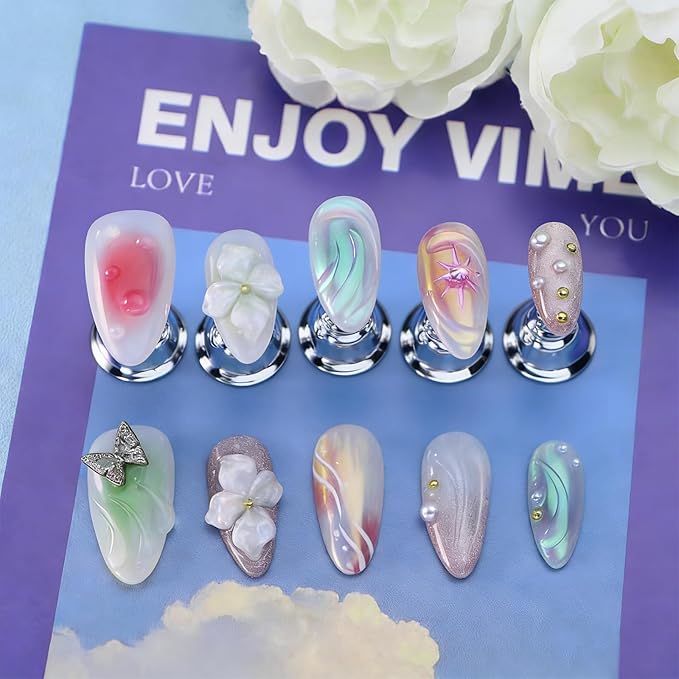 3D Floral Press on Nails Medium Almond Fake Nails Pure Handcrafted Nail Aurora Ombre Nail Press ons with Butterfly Design Stick on Nail for Women Spring Manicure(S)
