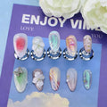 3D Floral Press on Nails Medium Almond Fake Nails Pure Handcrafted Nail Aurora Ombre Nail Press ons with Butterfly Design Stick on Nail for Women Spring Manicure(S)