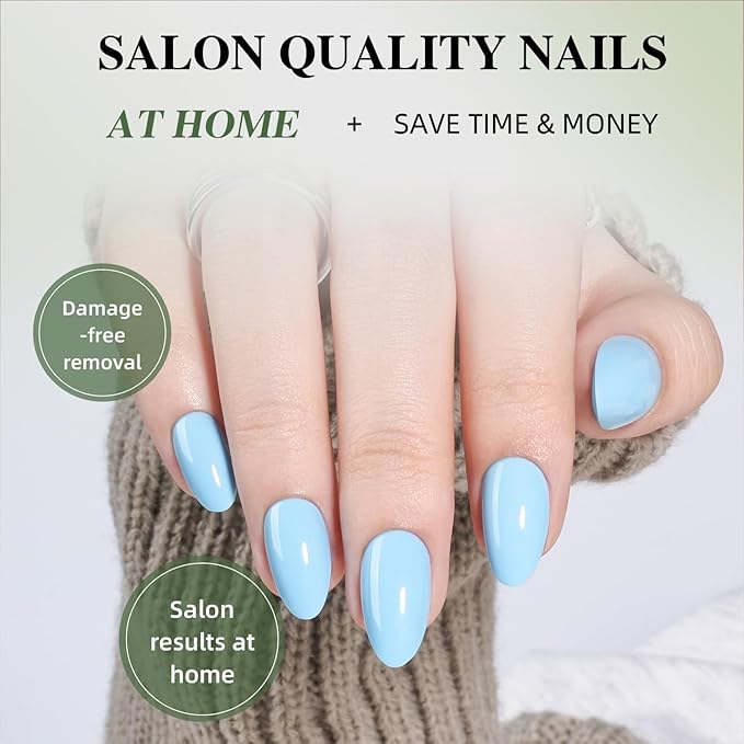 Blue Press On Nails Almond - Blue Almond Fake Nails, Short Press On Nails Reusable Stick On Nails in 16 Sizes, 32pcs False Nail Kit for Women & Girls(SoftBlue)