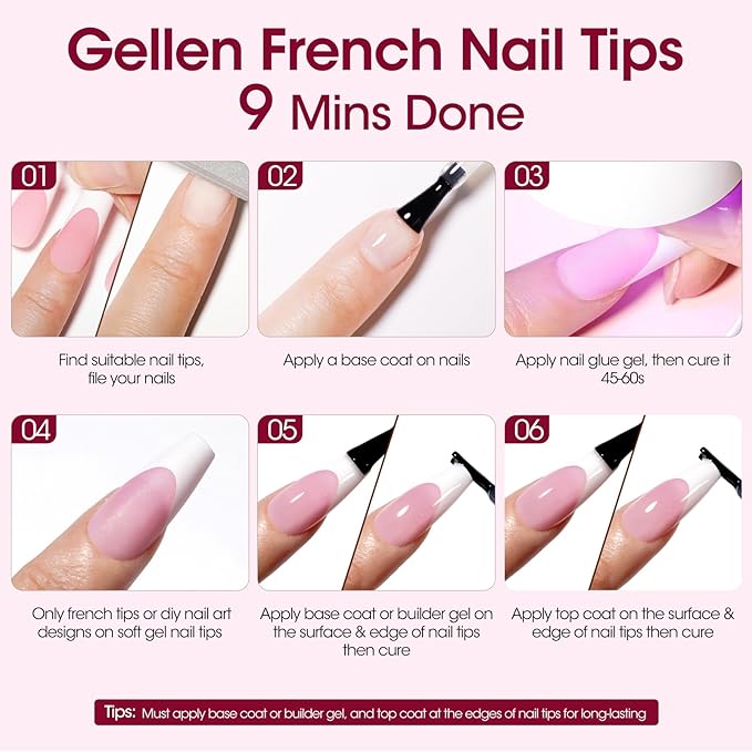 Gellen Almond French Tip Press on Nails Pink, 3 in 1 Soft Gel Nail Tips, Pre-colored Press on Nails Medium Almond Fake Nails with White Tips, Nail Extension Gel Nails Tips