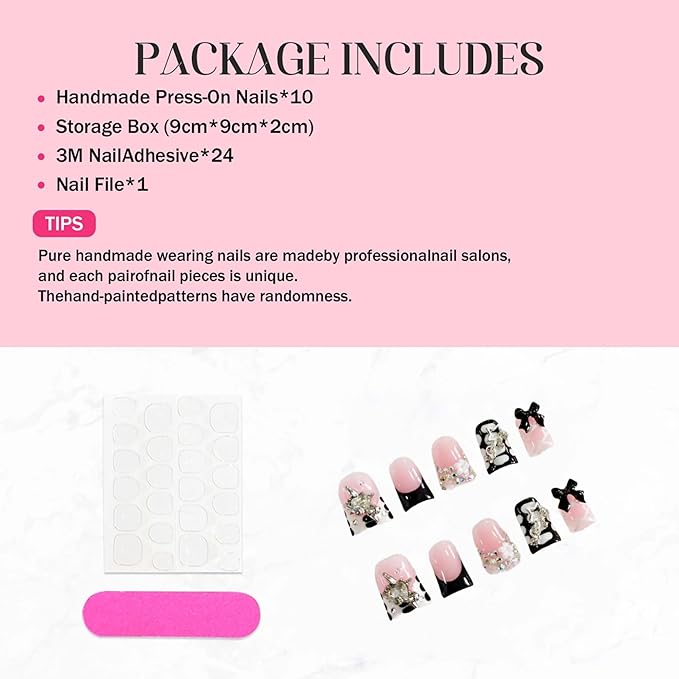 Handmade Duck Press on Nails Medium Fake Nails Black French Tip Press on Nails with 3D Bow Rhinestone Design Multi Gel Acrylic False Nails Luxury Duck Nails Press ons for Women Manicure 10Pcs(Size M)