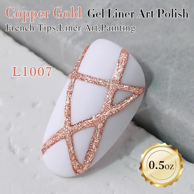 Double Rhythm 15 Ml Metallic Gel Liner Nail Art Gel Bronze Mirror Chrome Painted Drawing Stripper 3D Effect Gel Polish (Glitter Copper Gold-L1007)