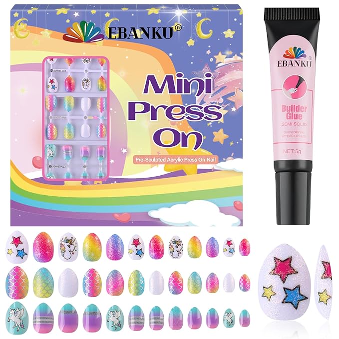 EBANKU Press on Nails Girls, 72Pcs Fake Artificial False Nail Tips Full Cover Star Cute Patterns Design Acrylic Nails with Nail Glue for Home Party