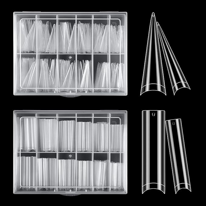 XL Long Clear Nail Tips: Half Cover 240PCS No C Curve Tapered Square Straight Nail Tips with 240PCS Stiletto Nail Tips for Salon Manicurist - Nail Extension Tips for Home DIY Manicure Hobbyists