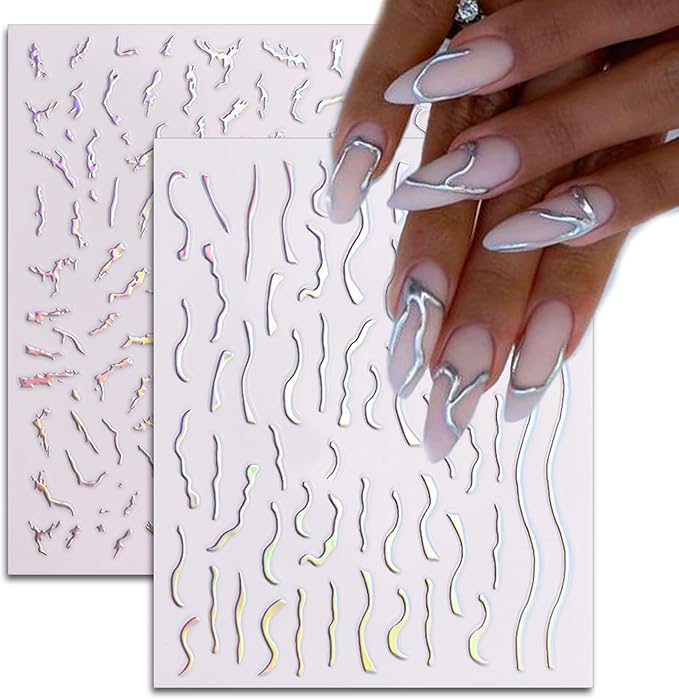 24 Sheets Aurora Nail Art Stickers, Holographic Self-Adhesive Pegatinas Uñas Glitter Design Moon Star Sparkles Heart Line Nail Decals