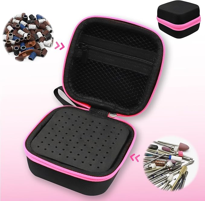 81 Holes Nail Drill Bit Holder (ONLY CASE),Dustproof Portable Organizer Storage Bag with Large Mesh Pocket & High Density Foam to Avoid Slipping & Scratches, Nail Bits Professional Manicure Tools,Pink
