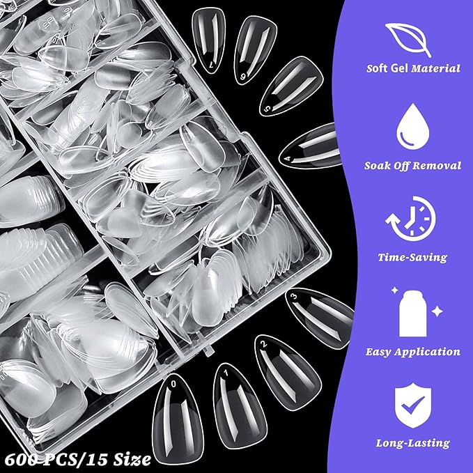 LoveOurHome 600pc Short Almond Nail Tips Clear Fake Nails Short Almond Gel Nail Tips Full Cover Acrylic Nails Clear Press on Nails XS Stiletto False Nail 15 Sizes Fingernail for Gel Nail Extension