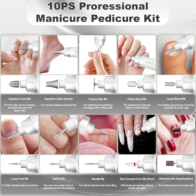 Electric Nail File Drill, Cordless 2000 mAh Rechargeable Nail Filer Electric, Portable Nail Dril Machine Drill for Nails Acrylic Manicure and Thick Toenails Buffer Grinder Care Professional (Silver)