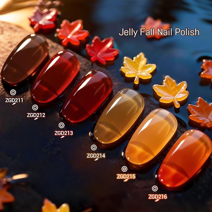 10ml Fall Jelly Nail Polish Set 6 Colors Gold Maple Leaf Pumpkin Yellow Burnt Orange Art Nail Polish Quick Dry for Women Girls Gift