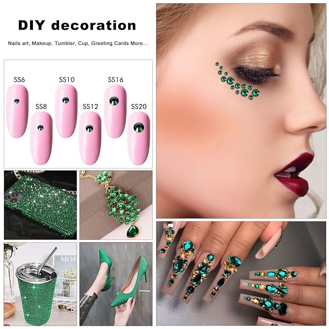 4240Pcs Malachite Green Flatback Rhinestones 6 Sizes Crystal Diamonds for Nail Art Crafts Clothes Shoes with Tweezers and Picking Pen